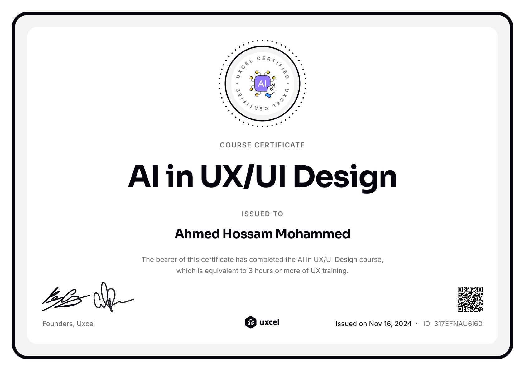 Ahmed Hossam Mohammed's certificate
